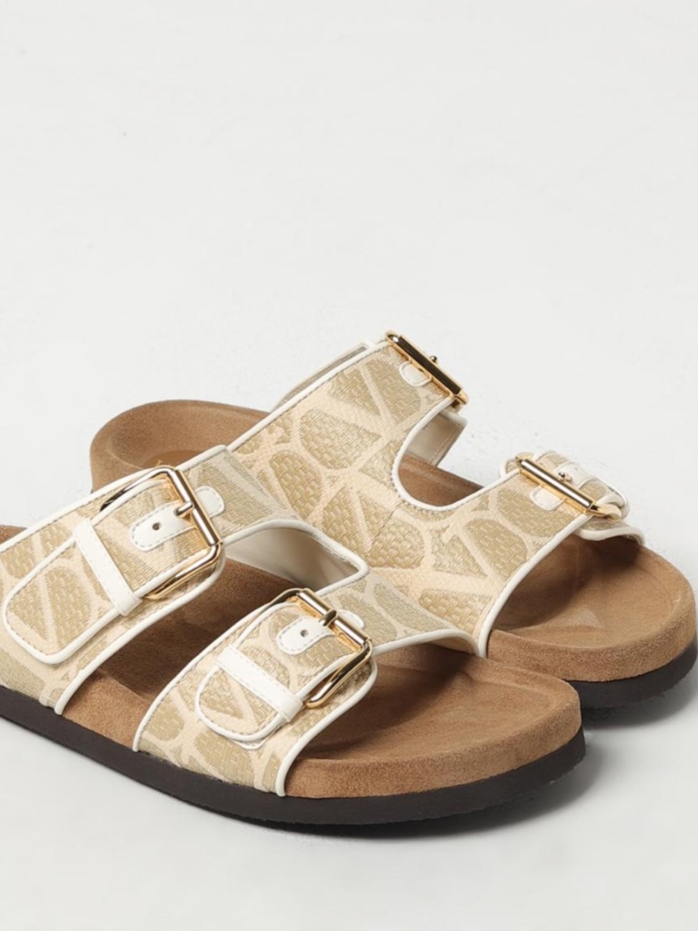 Valentino Garavani Beige Monogram Double-Buckle Sandal Slides